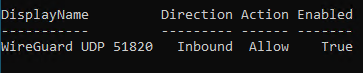 Windows Firewall advanced rules showing WireGuard inbound rule is enabled and set to Allow